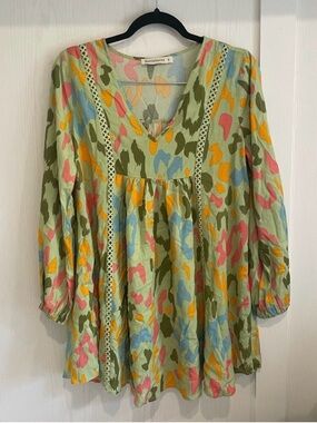 Rusttydustty Light Green Multicolor Boho V-Neck Dress